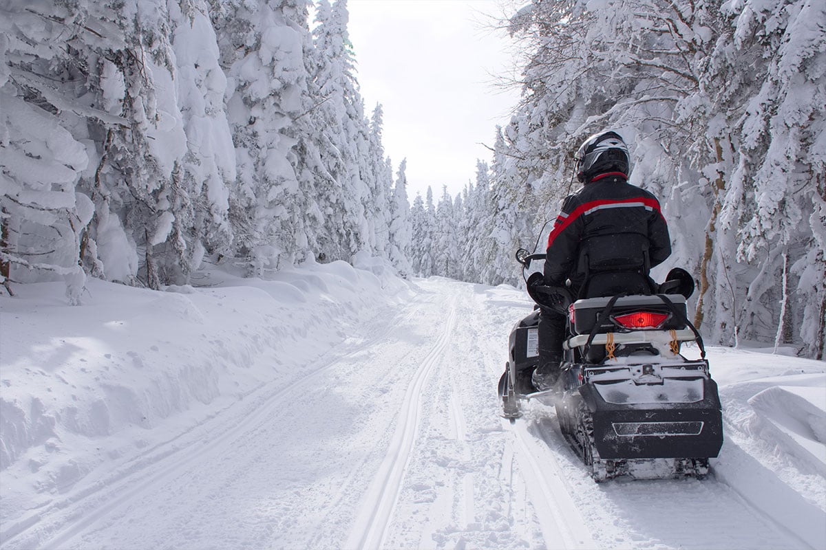 Snowmobile with one rider parked on a snowy forest trail in Quebec, Canada.